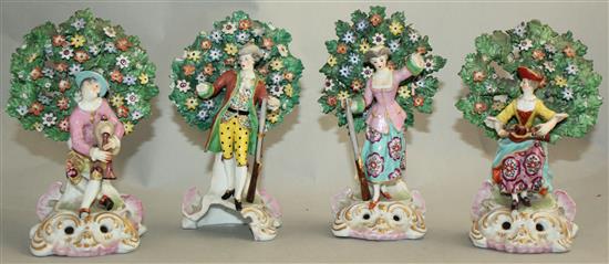 Collection of six Continental Chelsea style porcelain figures, 19th century, largest 17.5cm, smallest 10cm